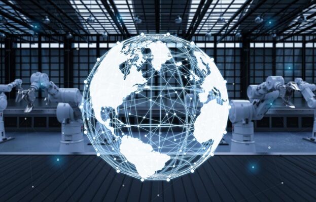 A digital globe with connected nodes is superimposed over a factory floor with robotic arms.