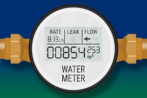 Digital water meter displaying a rate of 8.13 L/h, a leak indicator, a flow of 2.53 m³, and a total usage reading of 00854 m³.