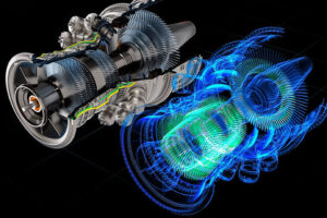 A digital rendering of a jet engine with a blue and green simulation overlay illustrating airflow and internal mechanics.