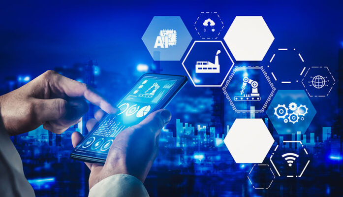 A person uses a touchscreen tablet with a digital interface in front of a cityscape. Illustrated icons and hexagonal graphics represent AI and various factory technologies.