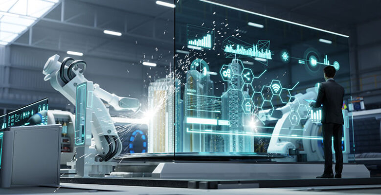 A person interacts with digital data displays near robotic arms in a high-tech industrial facility.