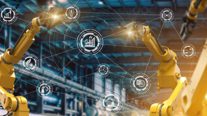 Robotic arms operate in a factory setting, overlaid with digital icons representing automation, industry and technology.