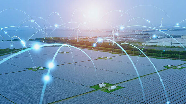 Solar panels lie across a field, superimposed with glowing arcs and points that represent Band 106.