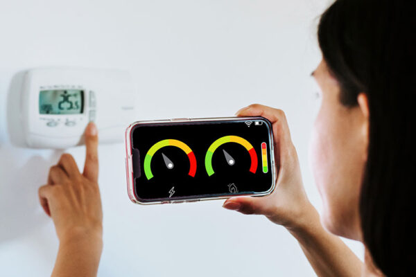 A person adjusts a wall-mounted thermostat while holding a smartphone displaying energy usage gauges with green, yellow, and red indicators.