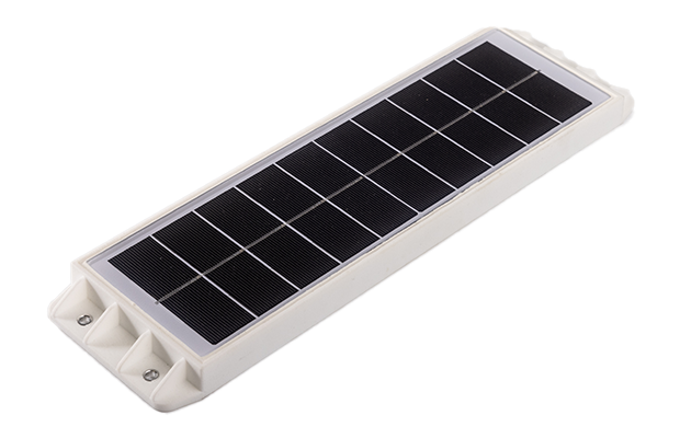 Rectangular solar panel with a white frame and black photovoltaic cells.