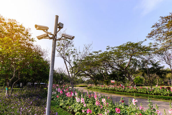 Security cameras that leverage 5G RedCap are mounted on a pole to monitor a park with a walking path through flower beds and trees.