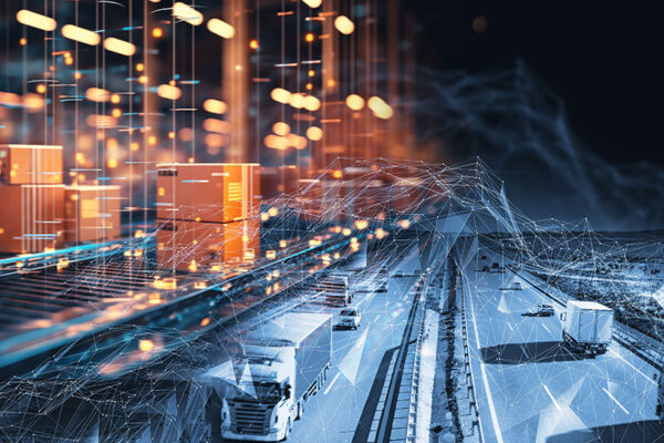 Digital network graphics overlay a highway with multiple trucks.