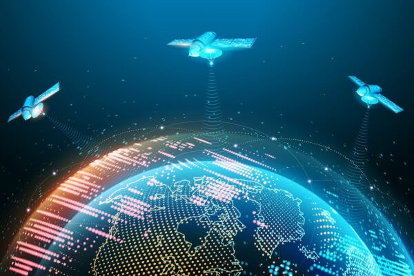 Digital illustration of three Antenna Company satellites orbiting Earth, transmitting data signals to the planet, with glowing lines and dots representing global communication and technology networks.