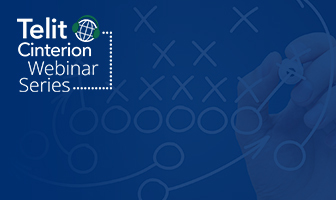 A hand draws a strategy diagram on a blue background with the text "Telit Cinterion Webinar Series," a globe icon, and highlights for upcoming events and webinars.