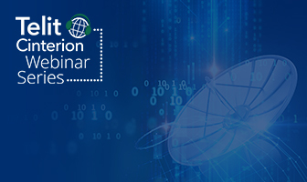 Telit Cinterion Webinar Series logo on a blue background featuring a satellite dish graphic, binary code elements, and a nod to upcoming events and webinars.