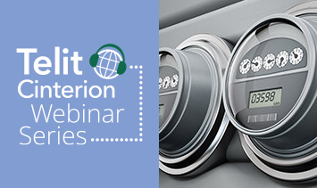 Split image with Telit Cinterion Webinar Series logo on the left and close-up of two digital utility meters on the right, highlighting eSIM and iSIM solutions for mission-critical operations.