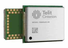 A Telit Cinterion SE869eK5-DR electronic module with a QR code, branding, and model number visible on the metal casing.