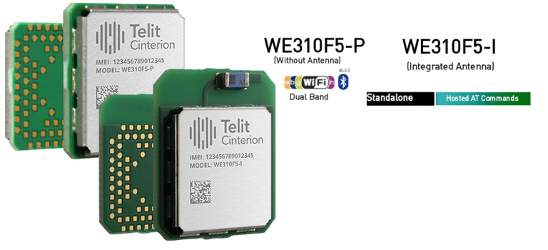 Two Telit Cinterion WE310F5 modules are shown: one without an antenna (WE310F5-P) and one with an integrated antenna (WE310F5-I), highlighting Wi-Fi and BLE dual band capabilities for seamless wireless connectivity.