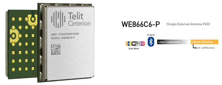 A Telit Cinterion WE866C6-P module with a metallic shield and visible QR code, next to text describing its features including Wi-Fi, Bluetooth, Linux support, and cellular bundling.
