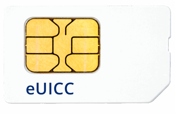 A white SIM card with a gold chip and the text “eUICC” printed in blue text below the chip.