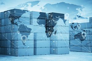 Shipping containers stacked with a semi-transparent world map and network location icons overlay.