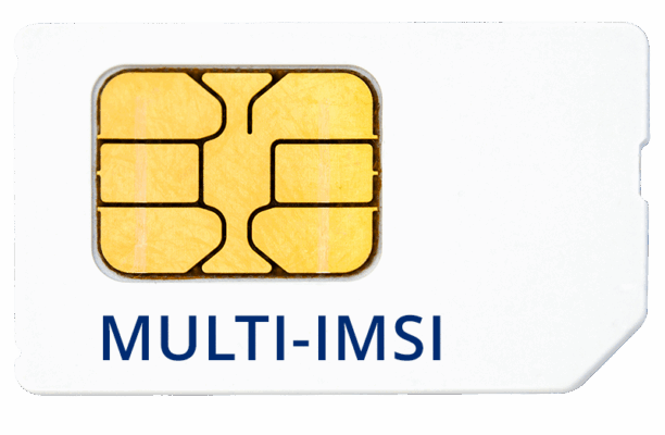 A white SIM card with a gold chip and the text "MULTI-IMSI" printed in blue below the chip.