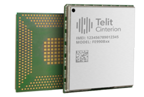 Two views of a Telit Cinterion electronic module, showing the front with model details and the back with a grid of connector pins.