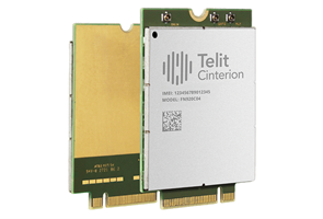 Two Telit Cinterion electronic modules with metallic casings and visible connectors positioned upright against a white background.