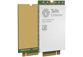 A Telit Cinterion module with a green circuit board and metallic casing, featuring a QR code, model number, and gold connectors at the bottom.
