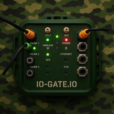 A green electronic device labeled "IO-GATE.IO" with multiple ports, indicator lights, and connected cables, set against a camouflage background.