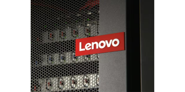 A Lenovo logo is displayed on the mesh panel of a server rack, with Lenovo server hardware visible behind the mesh.