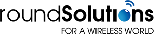 Logo for "Round Solutions" with the tagline "For a Wireless World." The letter "o" in "Solutions" is depicted as a blue sphere with wireless signal lines.
