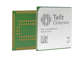 A close-up of a Telit Cinterion electronic module showing its metal front with text and QR code, and the exposed green circuit board on the reverse side.