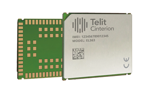 A Telit Cinterion electronic module with an IMEI number and model EL563 shown on its metal surface, partially revealing its green circuit board and gold contacts.
