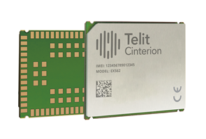 A rectangular Telit Cinterion electronic module with a metallic top displaying model, IMEI, and QR code, next to a green PCB with gold contact pads.