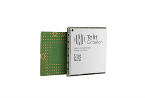 Two Telit Cinterion electronic modules, one showing the labeled metallic side and the other displaying the green circuit board with gold contact points.