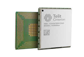 Two views of a Telit Cinterion electronic module, showing the front with model details and the back with a grid of connector pins.