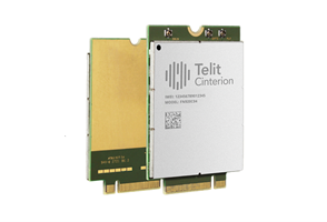 Two Telit Cinterion electronic modules with metallic casings and visible connectors positioned upright against a white background.