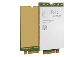 A Telit Cinterion electronic module showing its front and back sides, featuring circuit components and gold connectors.