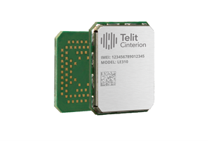 A small Telit Cinterion electronic module with a metal casing labeled with IMEI, model LE910, and a visible green circuit board with gold contacts.