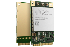 Two Telit Cinterion electronic modules with gold connectors and circuit components are shown side by side, one facing forward and one showing the back.