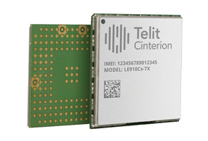 A Telit Cinterion electronic module showing the front with model information and a QR code, and the back with a grid of connection points.