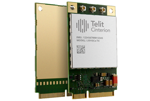 Two Telit Cinterion L910Cx-TX modem cards with visible circuits and gold edge connectors, standing upright against a white background.