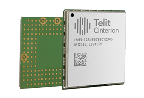 Two views of a Telit Cinterion LE910R1 electronic module, showing front label with IMEI and model number, and back with connection pads.