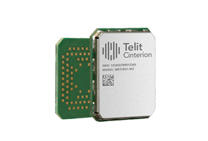 A Telit Cinterion electronic module is shown, displaying its IMEI number, model number (ME910G1-W2), and a QR code on the metal casing.