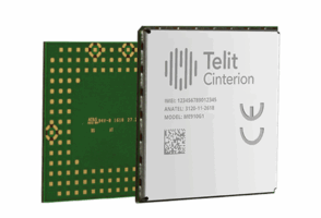 Two Telit Cinterion electronic modules are shown; one displays its circuit side, and the other shows branding, a QR code, serial numbers, and certification marks.