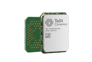 A Telit Cinterion electronic module showing its metallic labeled front and green circuit board with gold connectors on the back.