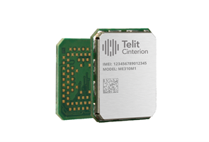 A Telit Cinterion electronic module showing front and back sides with visible IMEI, model number ME310M1, and a QR code on the metal casing.