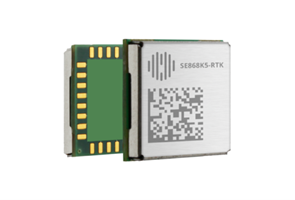 A small electronic module with a metal shield marked "SE868K5-RTK" and a QR code, showing gold contacts and circuit board details.
