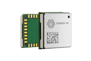 A small rectangular electronic module with a QR code, gold connectors, and "SE868SY-SF" label on the metal casing.