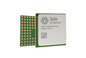 Two views of a Telit Cinterion electronic chip module, showing the branded front with model and IMEI numbers, and the back with a grid of contact points.