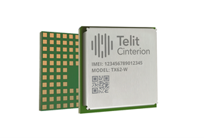 A close-up of a Telit Cinterion TX62-W electronic module, showing the front with branding and codes, and the back with a grid of gold contact pads.