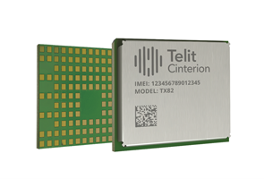 Two Telit Cinterion electronic chips, one showing a metallic label with IMEI, model number TX82, and a QR code, the other showing a grid of gold connectors.