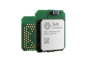 A Telit Cinterion electronic module with visible circuit board and metallic label displaying model number WE310F5 and IMEI information.