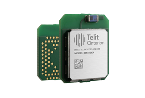 A Telit Cinterion electronic module with visible circuitry, identification numbers, and a QR code on the metal cover.